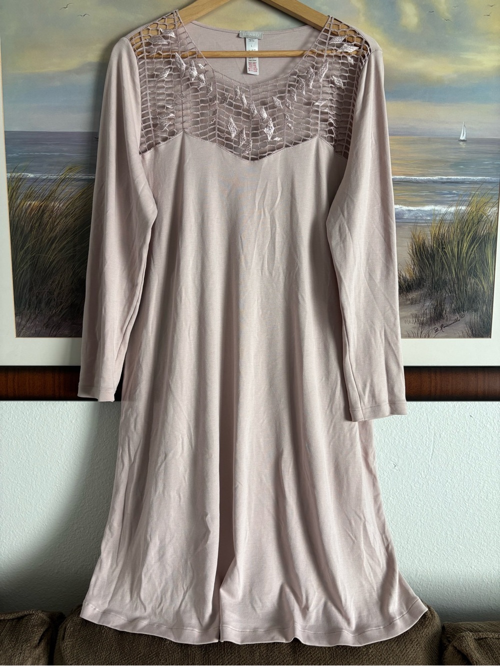 HANRO of Switzerland Violetta Lace Crochet Yoke Knit Nightgown Dress Pink Mauve